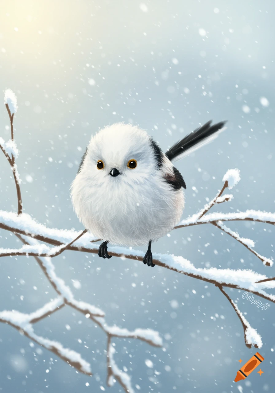 A fluffy white long-tailed tit bird perches on a snow-covered branch during a gentle snowfall, looking forward. Digital illustration.