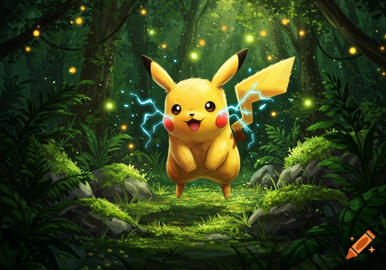 A vibrant illustration of a happy Pikachu emitting electricity in a glowing, dark fantasy forest.