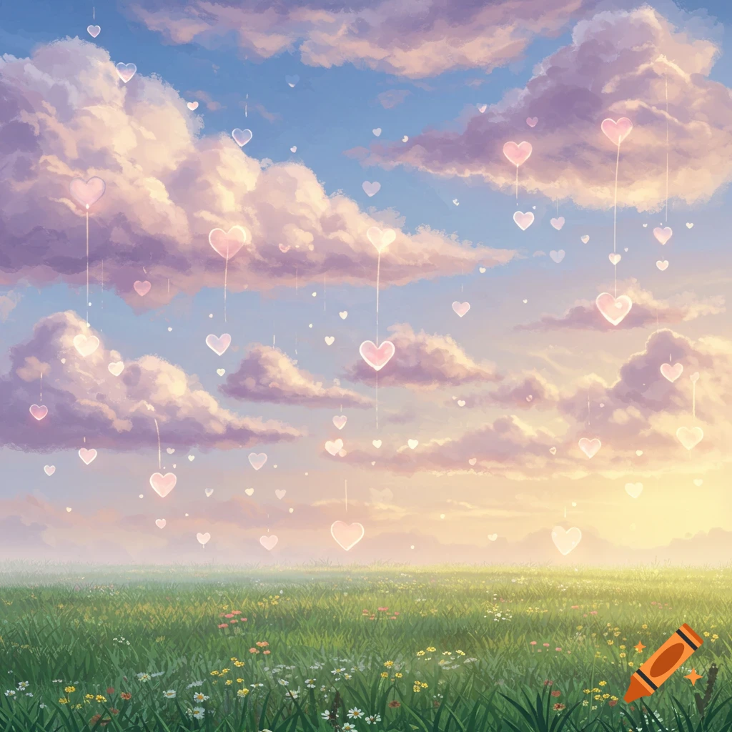 A dreamy landscape with a green field under a pastel sky with pink and purple clouds, as glowing hearts rain down.