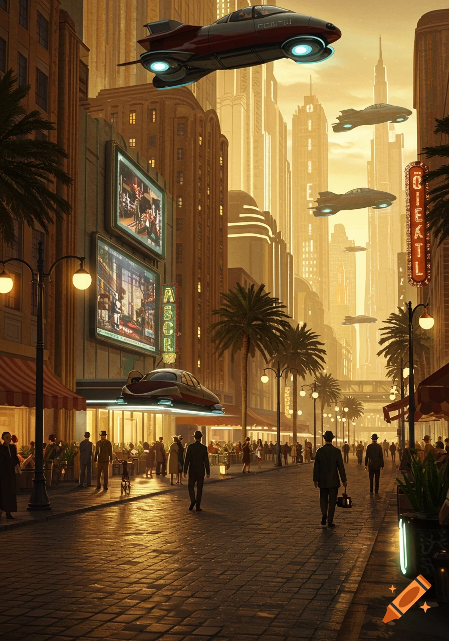 A bustling retro-futuristic city street at sunset, with pedestrians, flying cars, and Art Deco architecture.