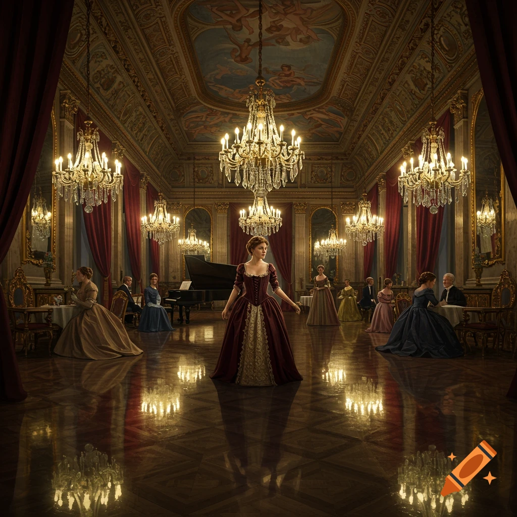 An opulent ballroom filled with people in elaborate period attire, glittering chandeliers, and a polished, reflective floor.