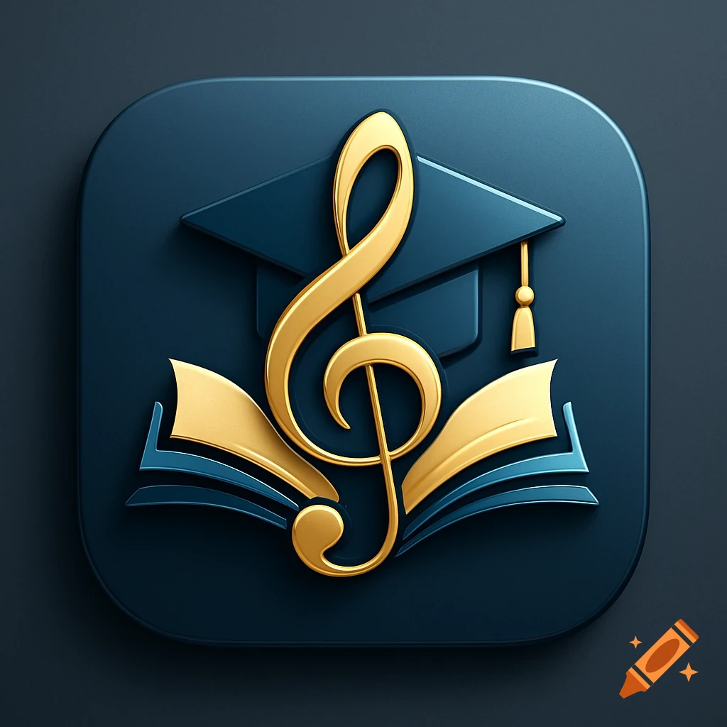 A sleek 3D rendered app logo featuring a golden treble clef, a dark blue graduation cap, and an open book on a dark background.