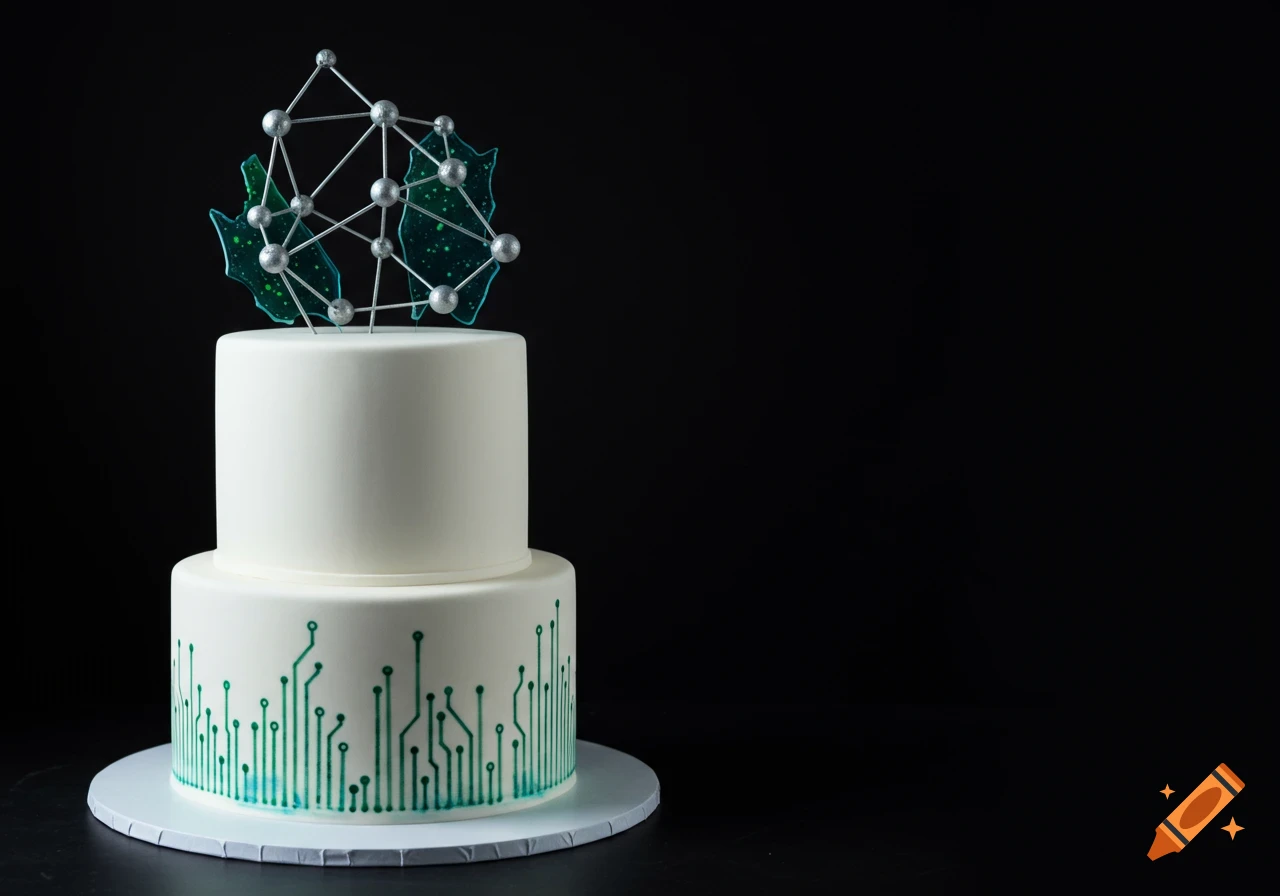 Two-tiered white cake with green circuit board patterns and a geometric silver and green tech-themed topper on a black background.