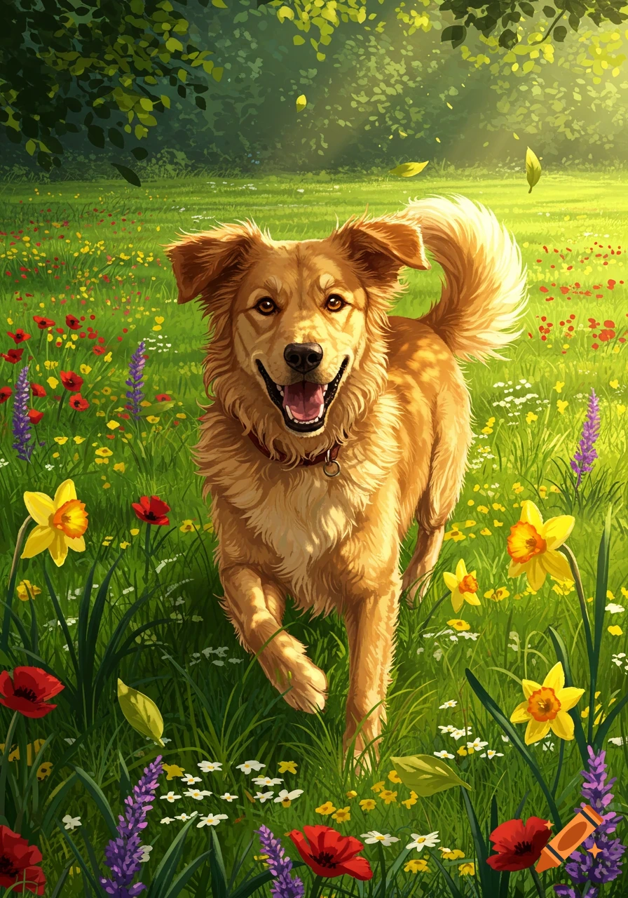 A happy golden-colored dog runs through a vibrant field of colorful wildflowers in an illustrative style.