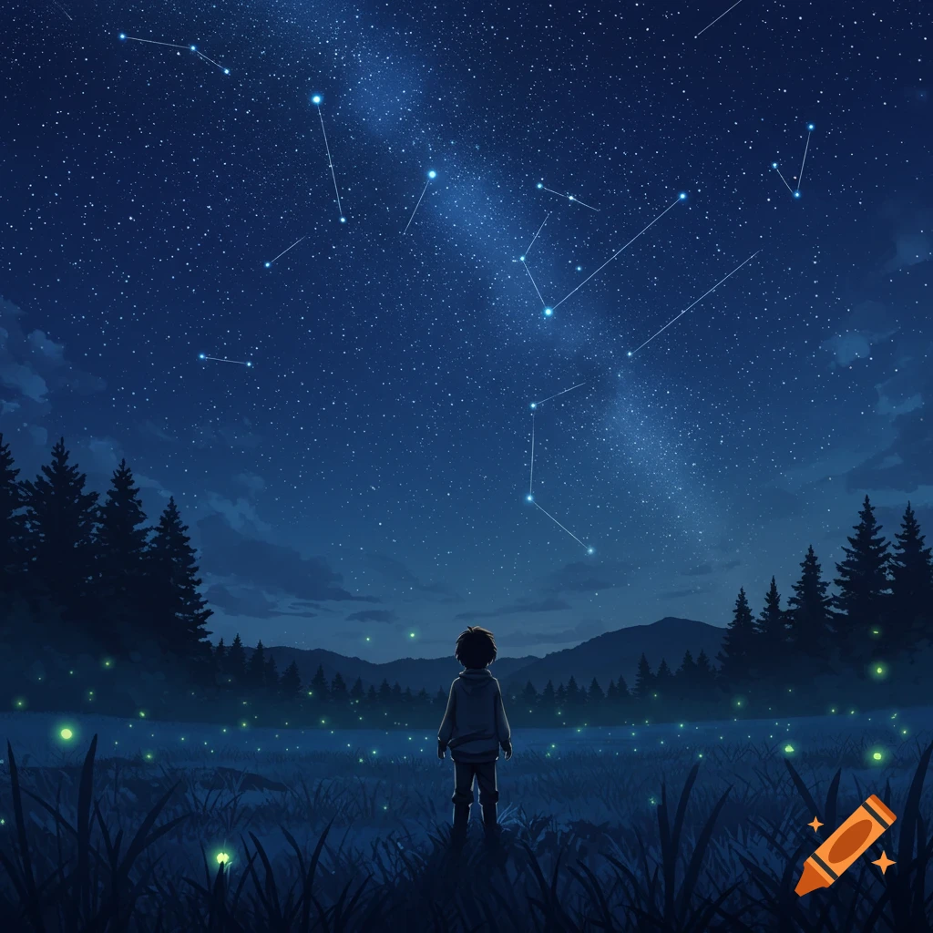 Anime illustration of a child standing in a field with fireflies, gazing at a starry night sky above a dark forest.