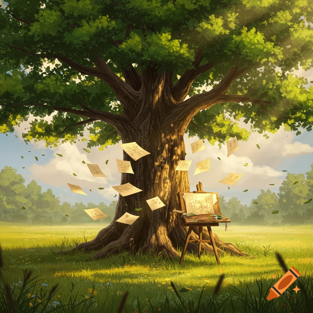 Vibrant illustration of a majestic tree in a sunlit field, with papers and leaves swirling around an artist's easel.