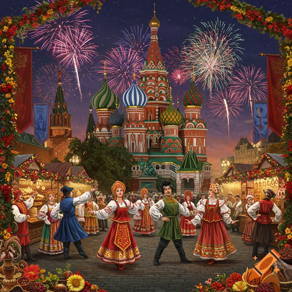 Vibrant illustration of Russian folk dancers celebrating at a night market with St. Basil's Cathedral and fireworks.