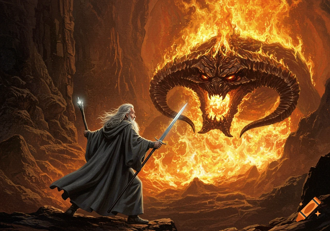 Gandalf battles a fiery Balrog in a dark, rocky cavern, holding a sword and glowing staff.
