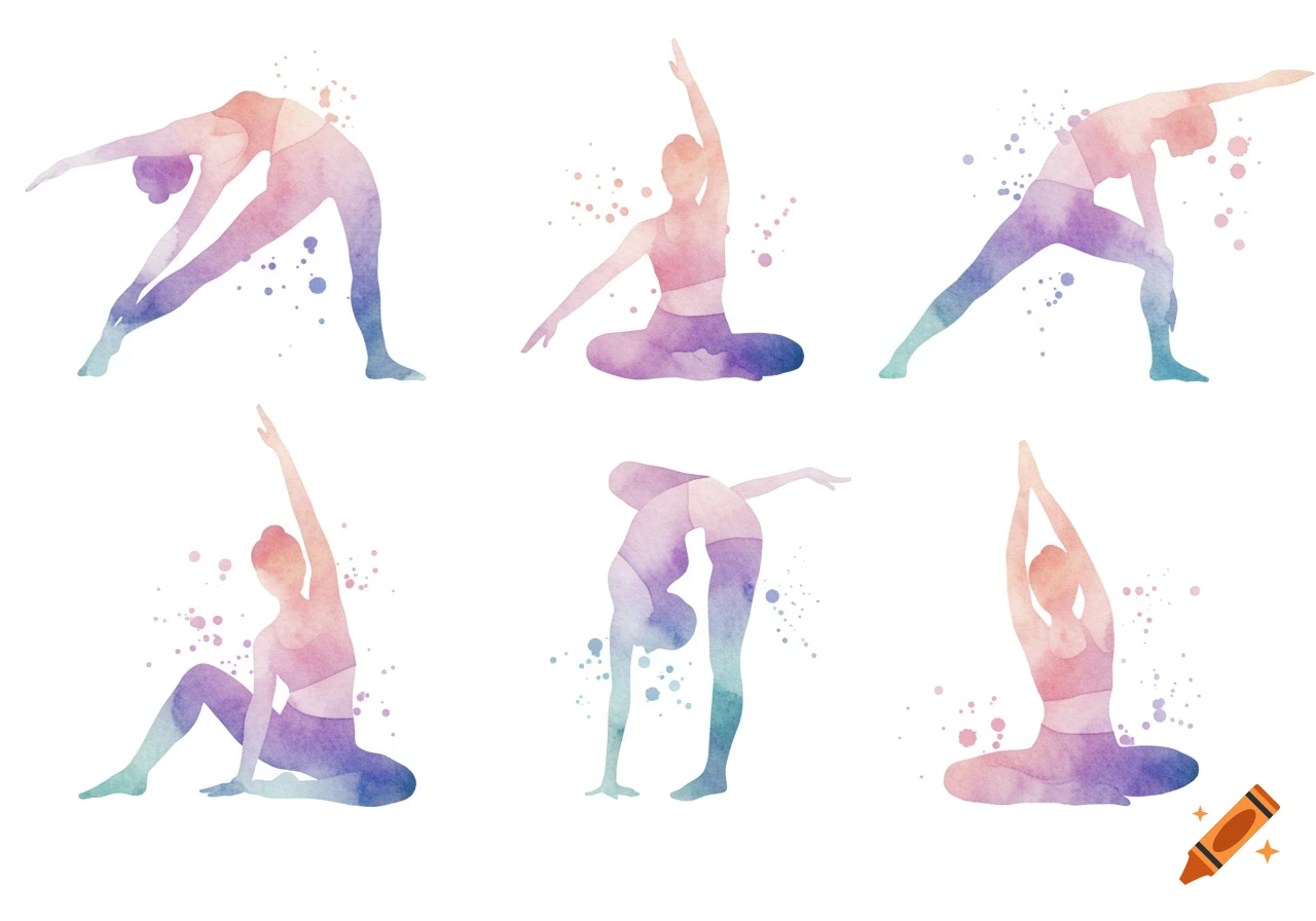 Six watercolor illustrations of women in different yoga poses with colorful splatters on a white background.