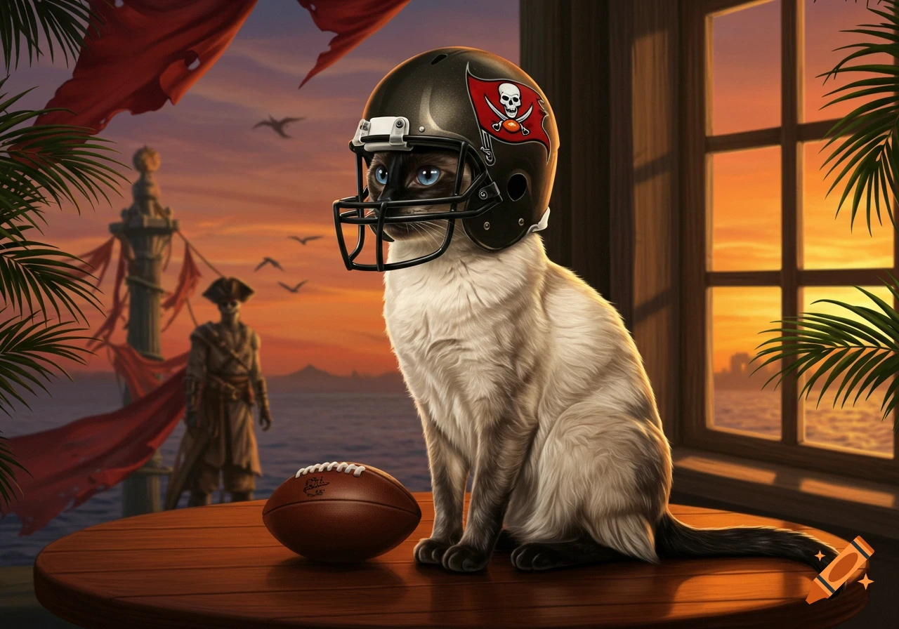 A Siamese cat wearing a Tampa Bay Buccaneers football helmet sits on a wooden table next to a football, overlooking a pirate scene at sunset.