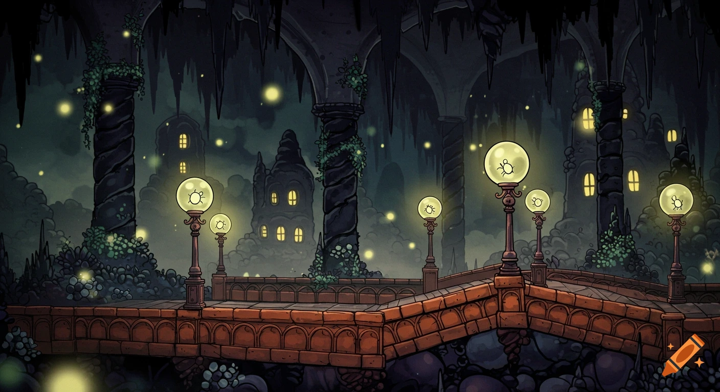 Hand-drawn underground city in Hollow Knight style, with a brick bridge, glowing lamp posts containing bugs, and stalactites.