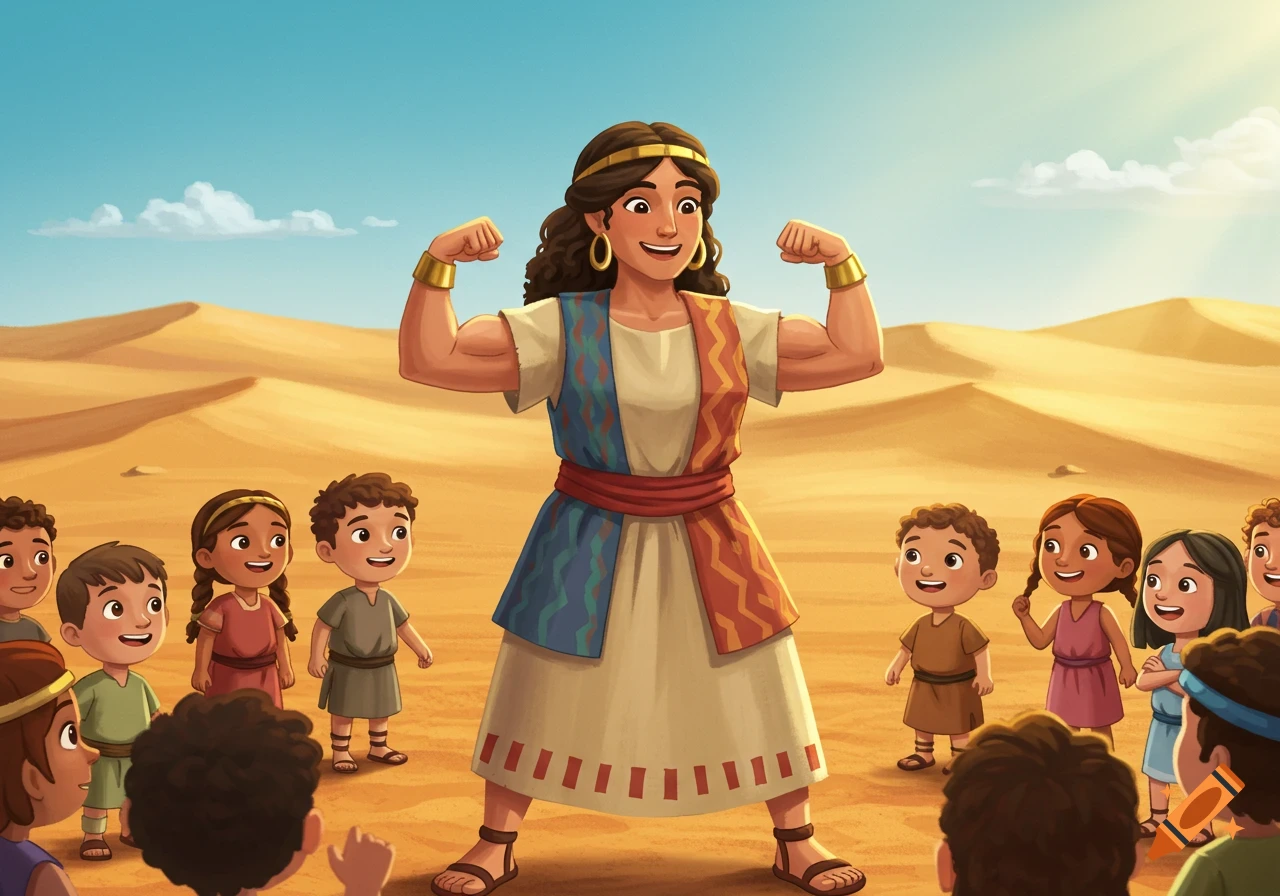 Cartoon illustration of a strong woman, Judge Deborah, flexing her muscles for a group of happy children in a desert.