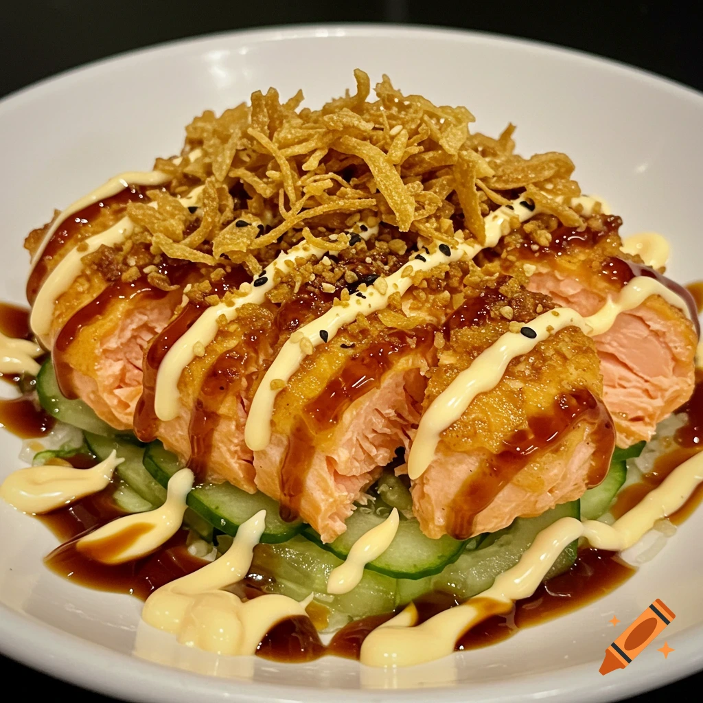 Baked salmon slices with crispy fried toppings, cucumber, spicy mayo, and eel sauce in a white bowl.