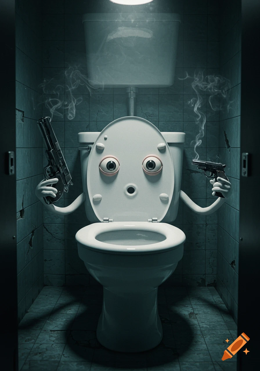 A surreal anthropomorphic toilet with eyes and mouth holds a pistol in each hand, standing in a dark, grimy bathroom.