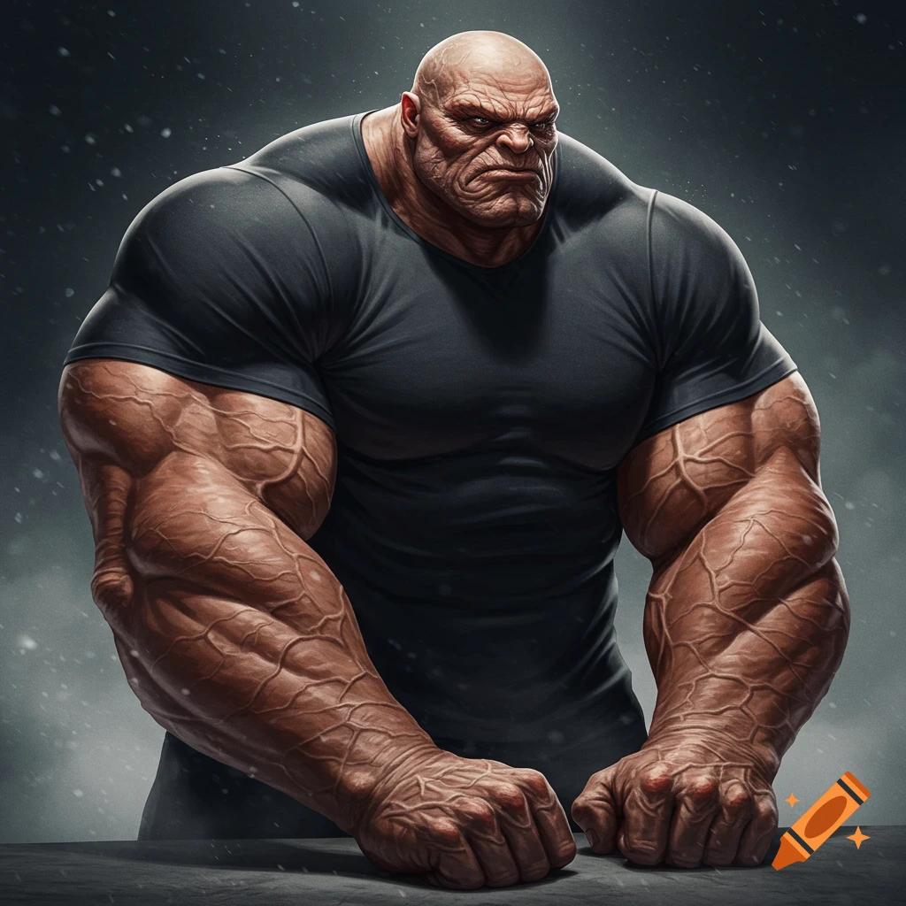 A bald, extremely muscular and veiny man with a scowling face, wearing a black t-shirt and clenching his fists on a surface.