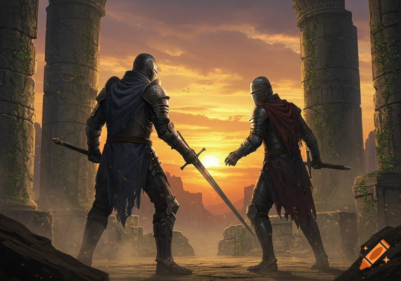 Two armored knights stand with swords drawn between ancient ruins against a dramatic sunset.