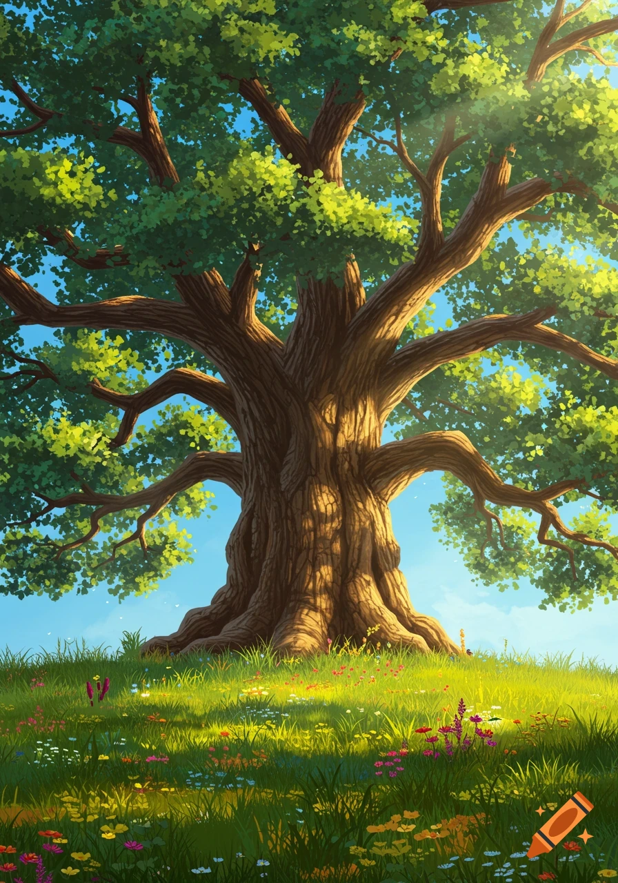A vibrant illustration of a majestic oak tree with green leaves towering over a field of colorful wildflowers under a bright blue sky.