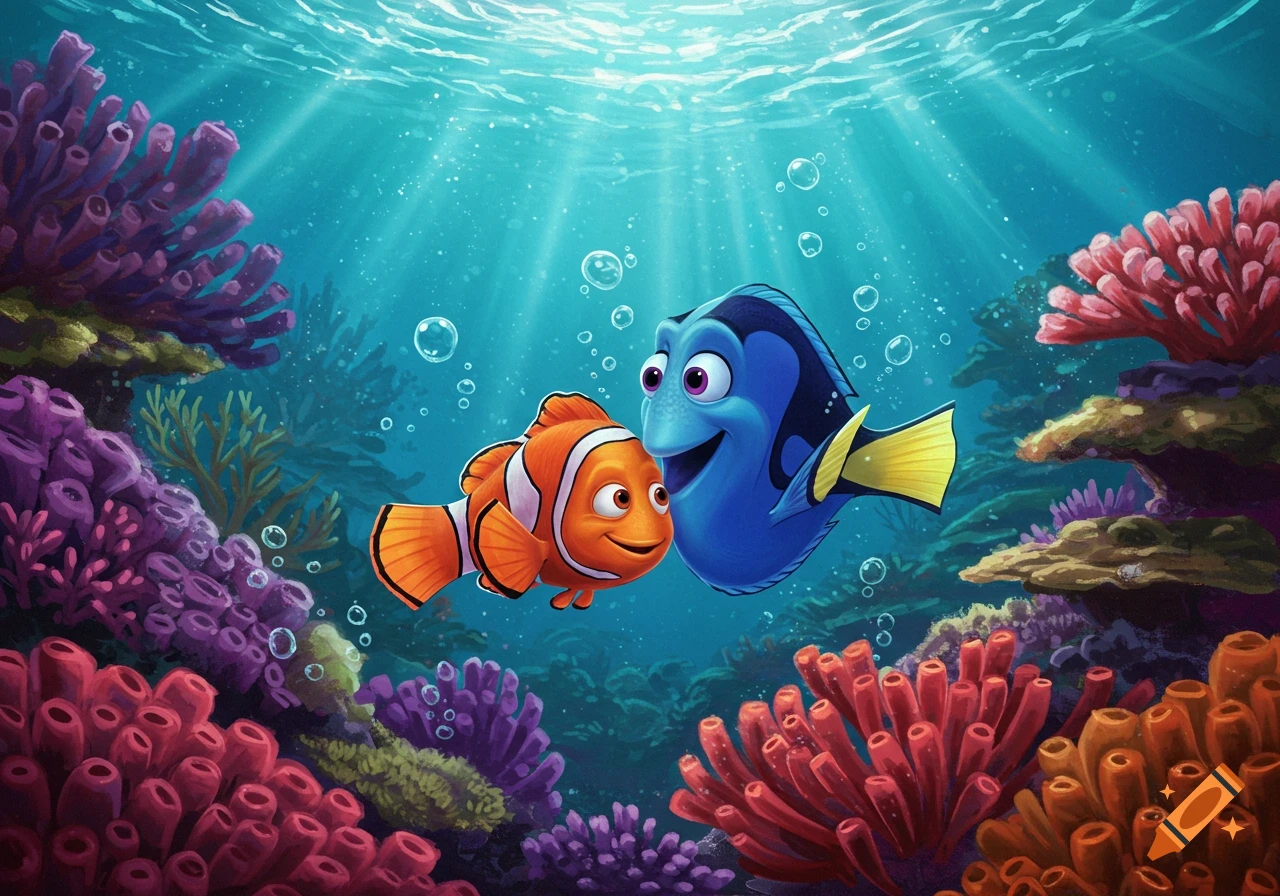 Cartoon clownfish Nemo and blue tang Dory swim among colorful coral reefs with sunlight beaming through the water.