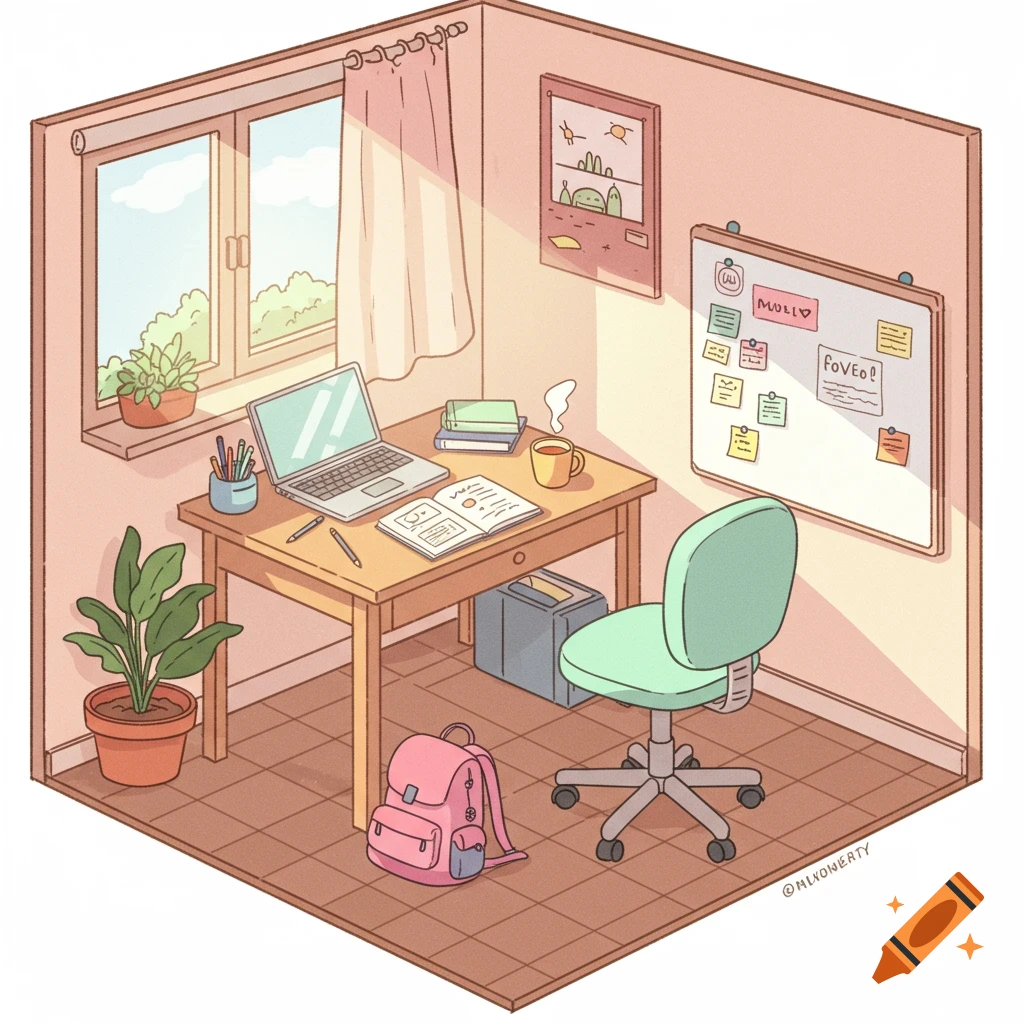 Isometric drawing of a cute, cozy study room with a desk, laptop, books, a green chair, a whiteboard, and a pink backpack on the floor.