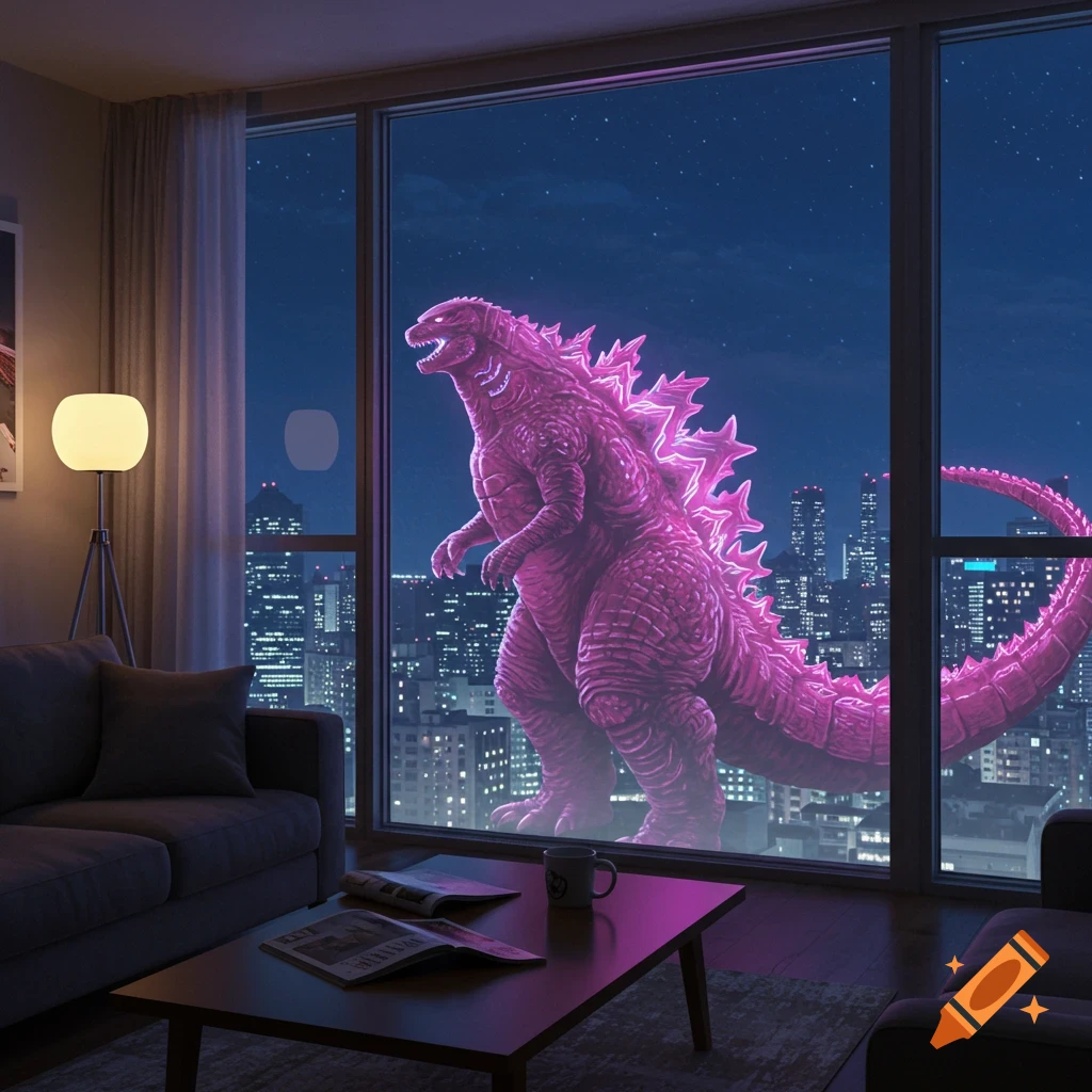 A huge, glowing pink Godzilla looks into a modern apartment from a city skyline at night.