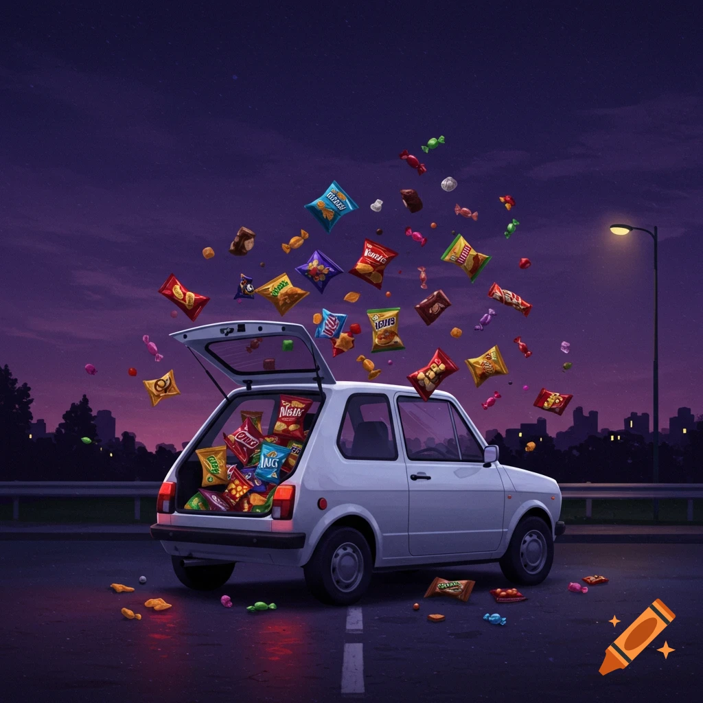 Illustrative image of a white car with its trunk open, overflowing with colorful snack bags and candies on a dark road at dusk.