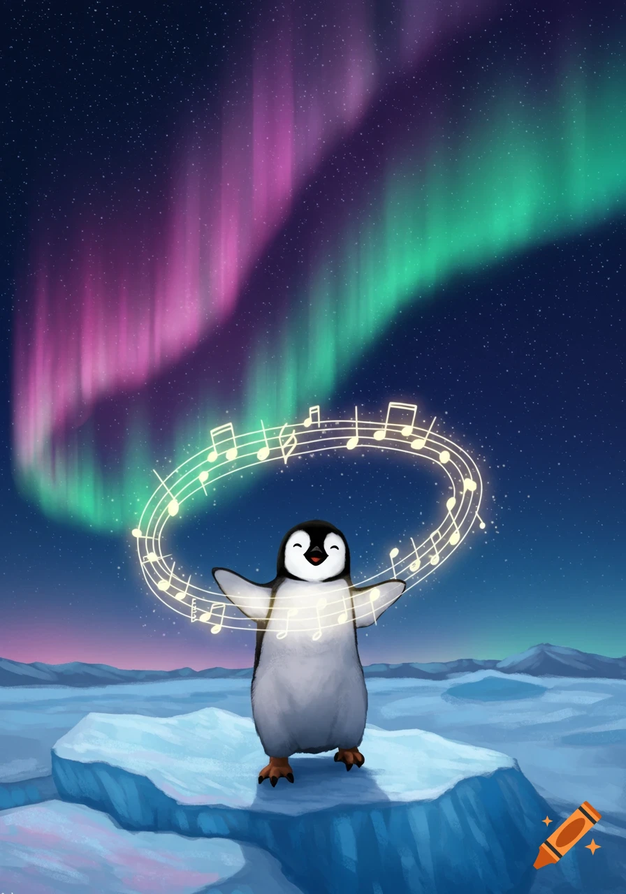 A happy cartoon penguin stands on an ice floe, surrounded by glowing musical notes under a vibrant pink and green aurora.