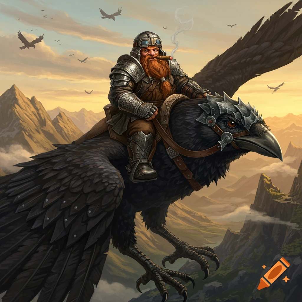 Heavily armored dwarf in aviator goggles smoking a cigar, riding a giant armored raven through mountain skies at sunset, fantasy art.