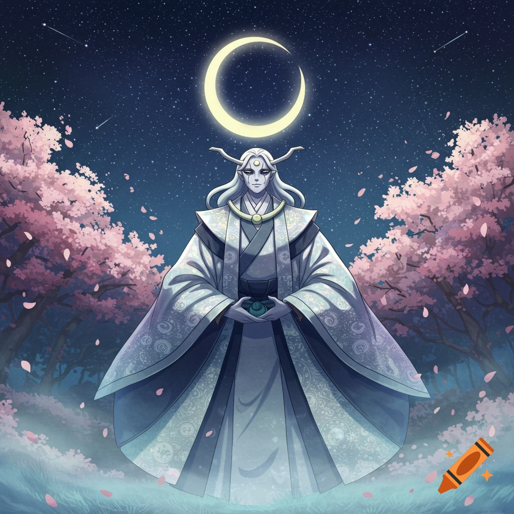 Anime-style character with white hair and horns, in ornate robes, holding an orb under a crescent moon and cherry blossom trees at night.