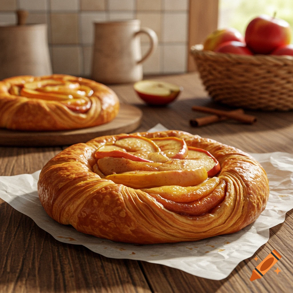 Photorealistic close-up of a golden apple danish pastry on parchment paper on a wooden table, with more danishes and apples.