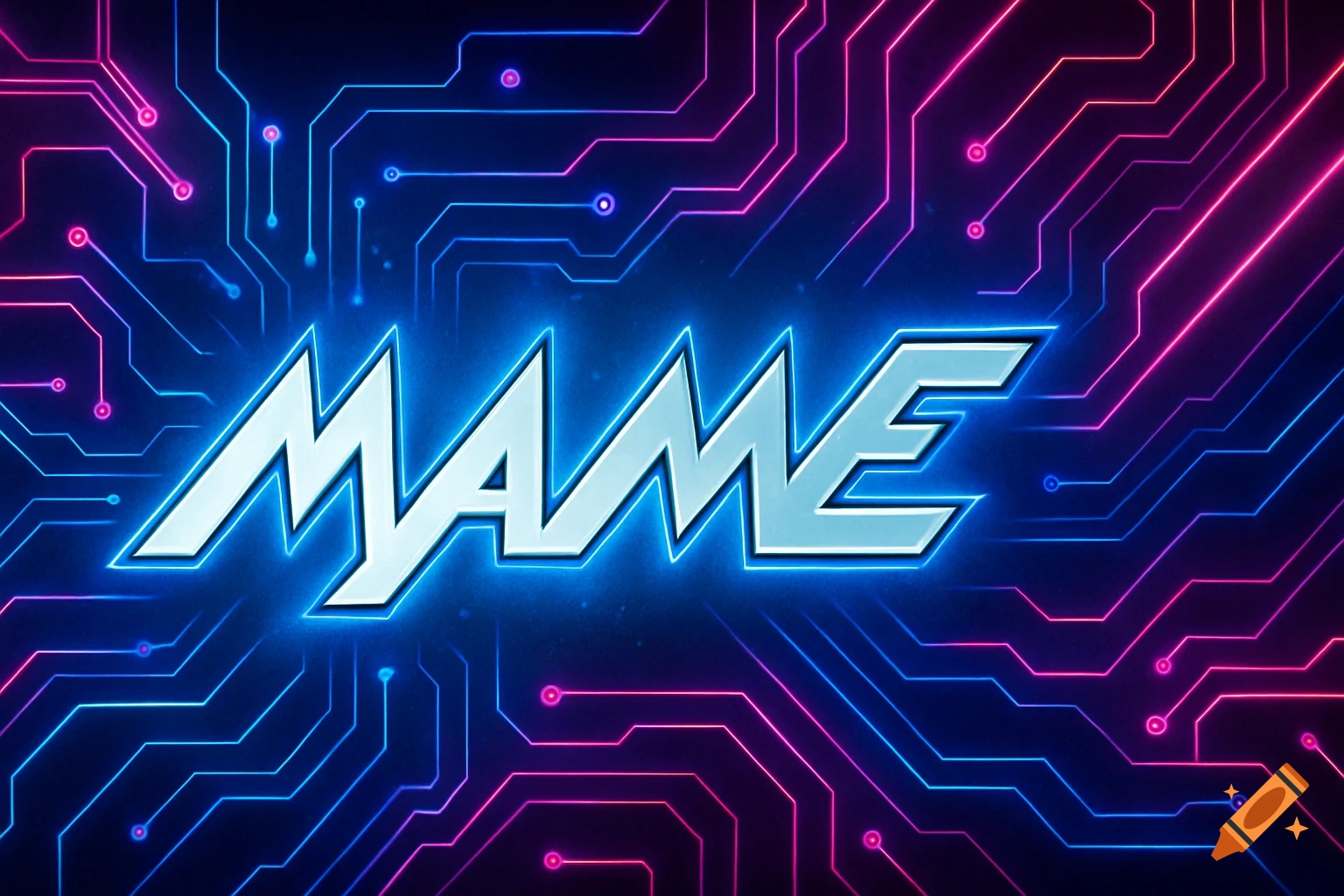The MAME logo with a neon blue glow against a vibrant Tron-style circuit board background with glowing pink and blue lines.