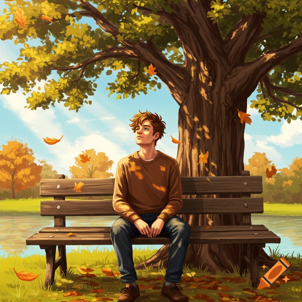 An illustrated young man with brown hair sits on a park bench under a large tree with golden autumn leaves falling, looking up thoughtfully.