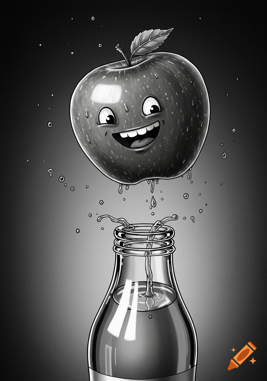 A black and white cartoon illustration of a smiling apple dripping liquid into an open bottle, against a dark background.