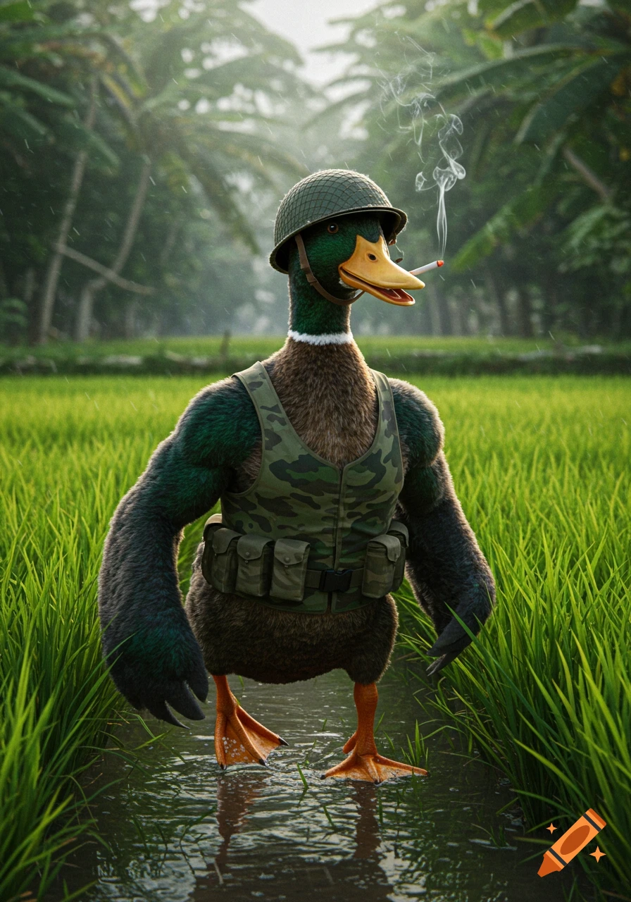 Photorealistic duck commando in military vest and helmet, smoking a cigarette while standing in a rice paddy.
