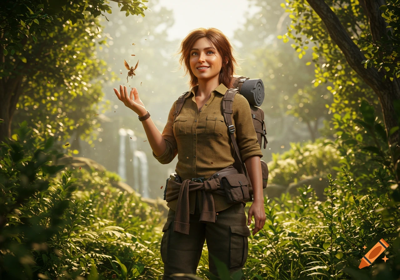 A photorealistic image of an outdoorsy woman in a sunny forest, holding out her hand to a tiny flying creature as a waterfall flows in the background.