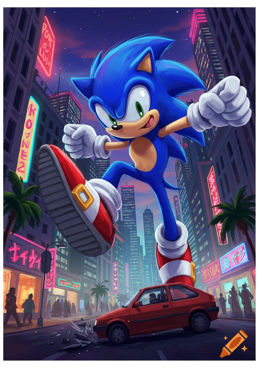 Giant Sonic the Hedgehog stomps a red car in a neon-lit city at night, stylized digital art.