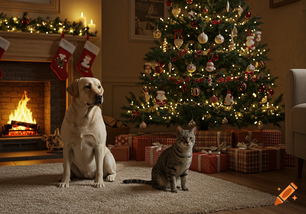 A photorealistic yellow lab and tabby cat sit on a rug beside a lit Christmas tree with presents and a burning fireplace.