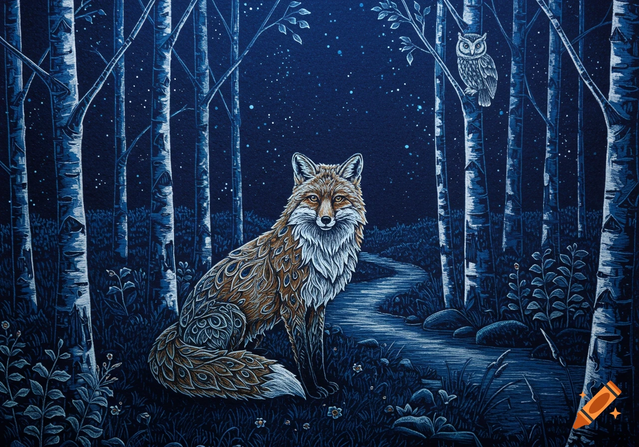 A stylized scratch art illustration of a fox sitting in a moonlit forest with an owl perched on a birch tree.