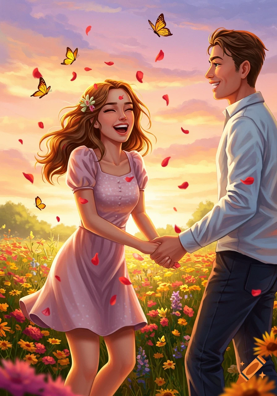 A joyful couple holding hands and laughing in a vibrant flower field at sunset, with butterflies and falling petals. Digital art.