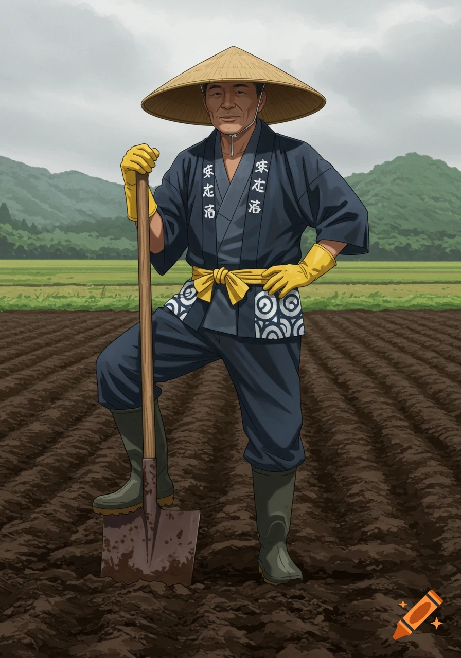 A digitally drawn East Asian farmer in a conical straw hat, blue kimono, yellow obi, and gloves, leaning on a shovel in a tilled field.