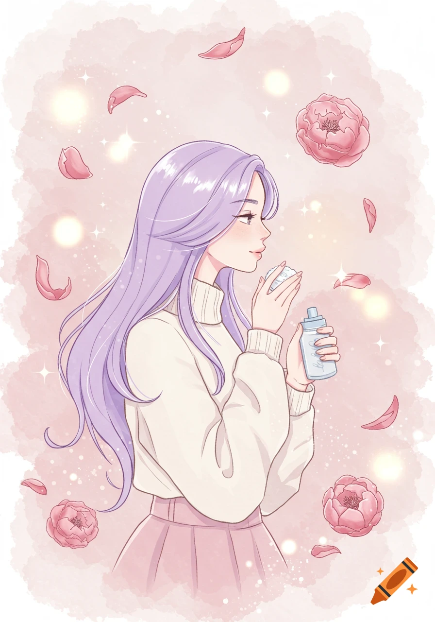 An anime-style illustration of a girl with lavender hair in a pastel pink and white outfit, holding a bottle and puff, surrounded by pink flowers and sparkles.