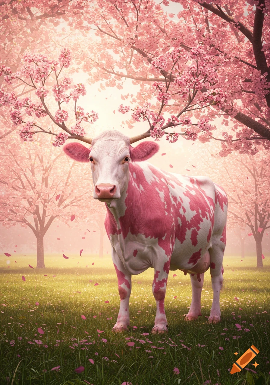 A pink and white cow with cherry blossom antlers stands in a field with pink cherry blossom trees and falling petals, in a vibrant fantasy style.