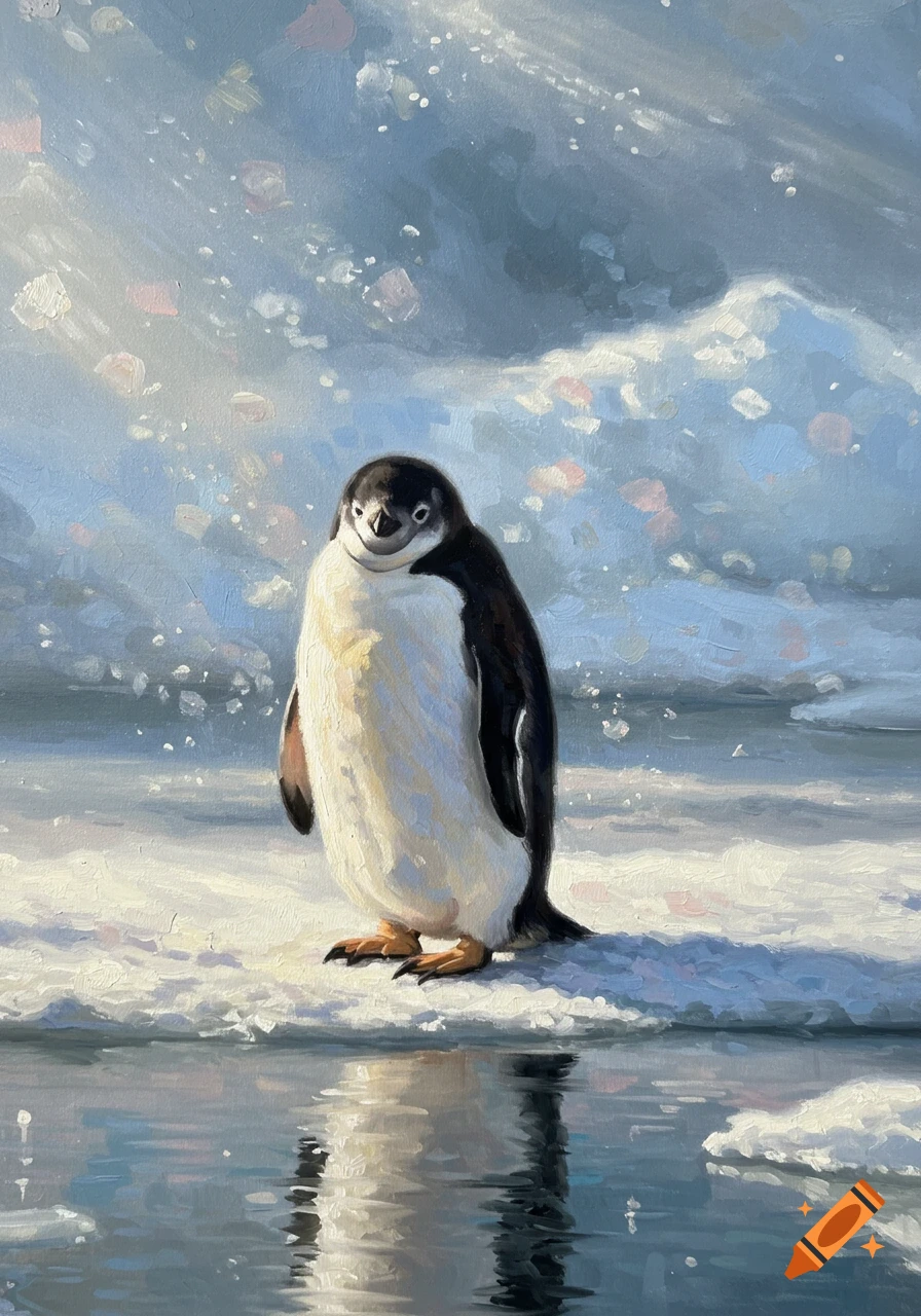 A charming painting of a single penguin standing on ice by water, with visible brushstrokes in a Monet style.