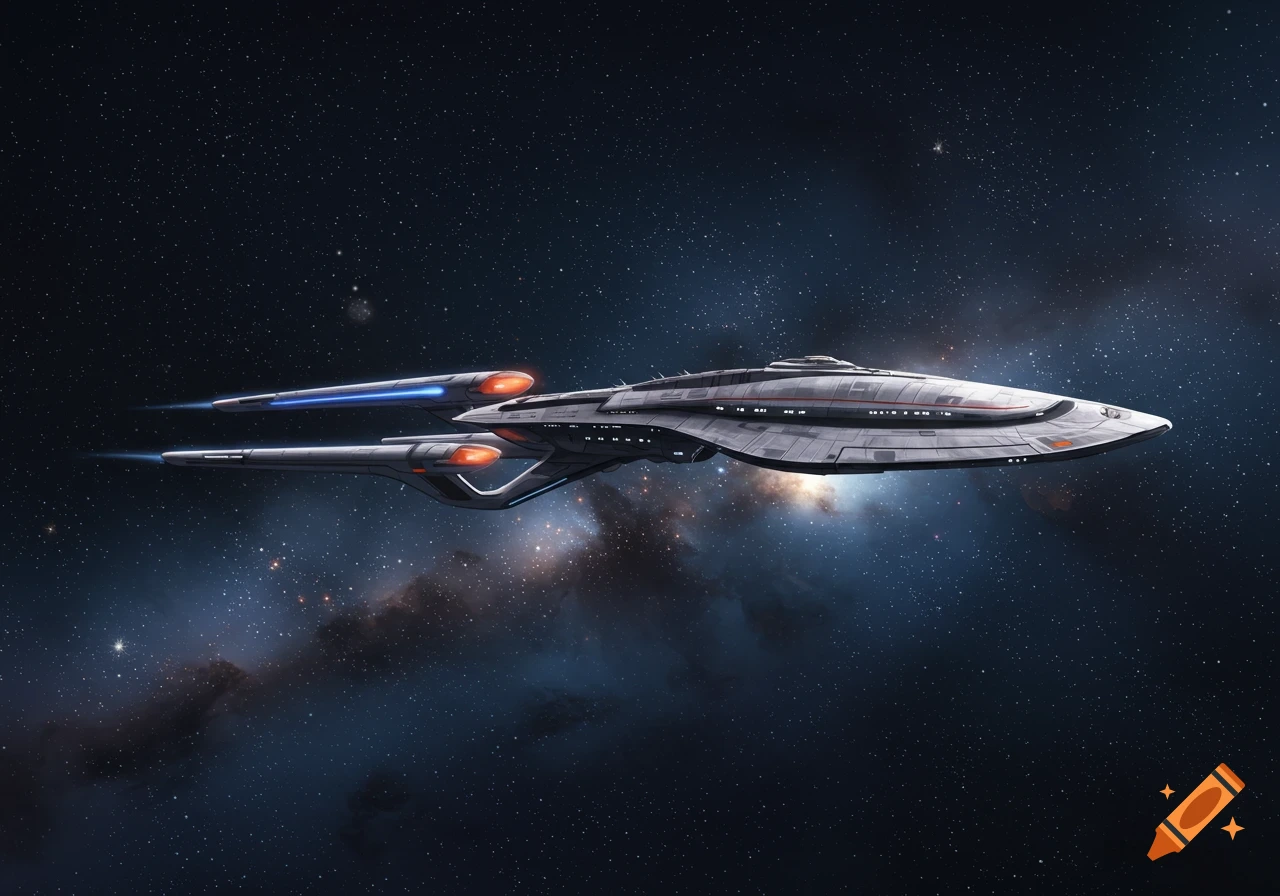 A sleek, modern starship with glowing blue and orange engines flies through a star-filled galaxy with nebulas.