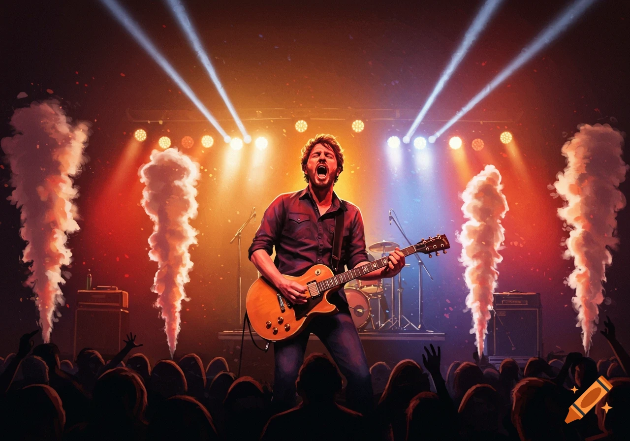 Male guitarist passionately plays an electric guitar on a brightly lit stage with smoke effects and an audience at a live concert.