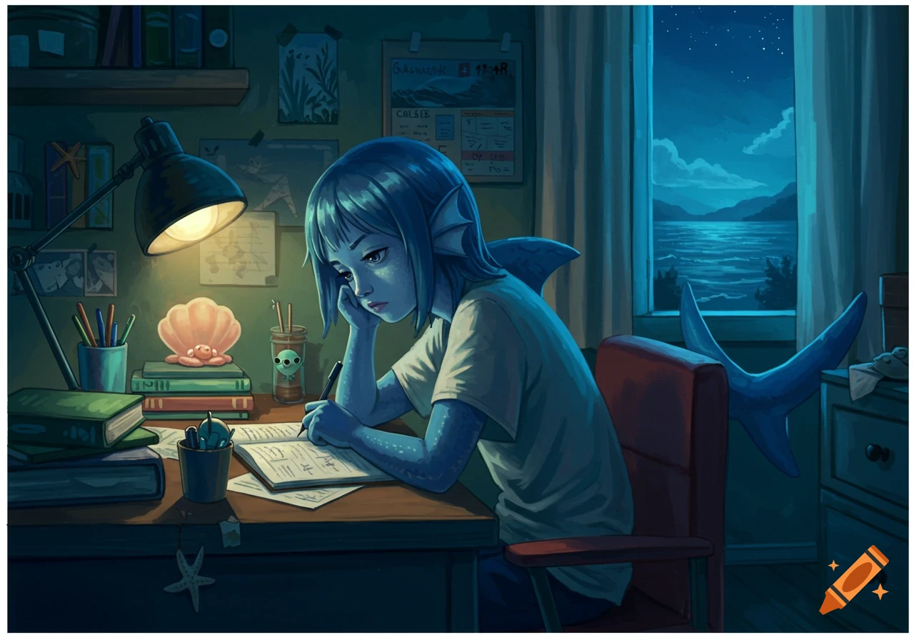 Blue shark girl with short hair and fins studies at a desk under a lamp, with a moonlit ocean view outside, in anime style.