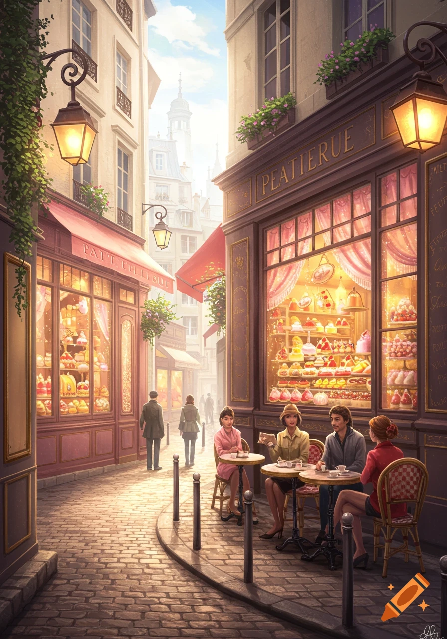 A charming, illustrative view of a bustling European street with patisseries, people, and cobblestones bathed in warm light.