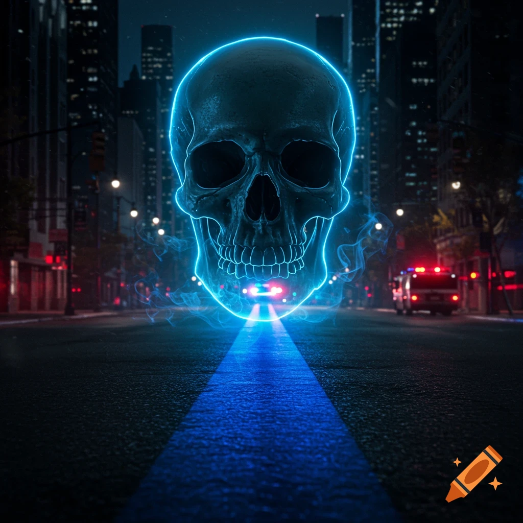 A glowing blue skull floats over a luminous blue line on a dark city street with a police car in the background.