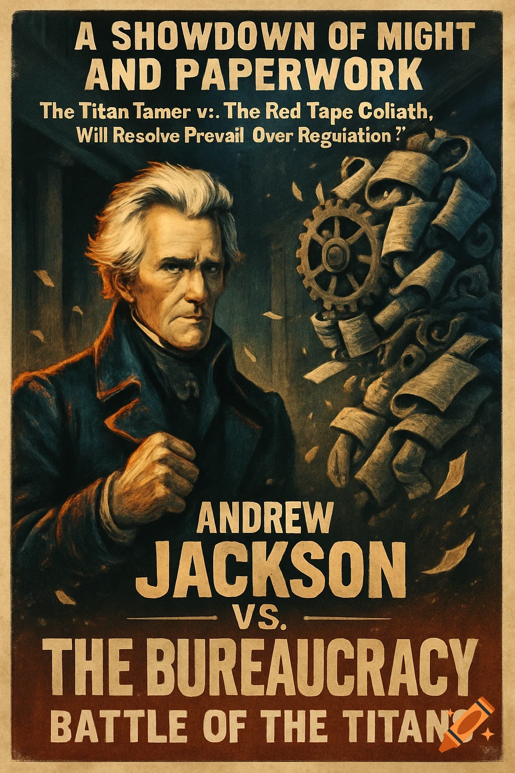 Vintage poster depicting Andrew Jackson with a determined expression, fist clenched, standing against an abstract entity made of paper scrolls and gears, labeled 'The Bureaucracy'. Text on the poster announces 'A Showdown of Might and Paperwork' and 'Andrew Jackson vs. The Bureaucracy, Battle of the Titans'.