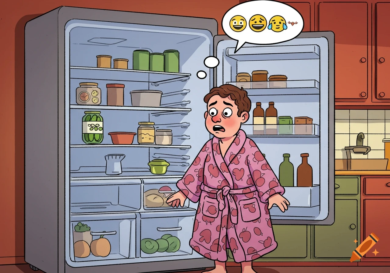 A cartoon person in a pink robe stands frustrated, looking into a mostly empty refrigerator with emojis above their head.