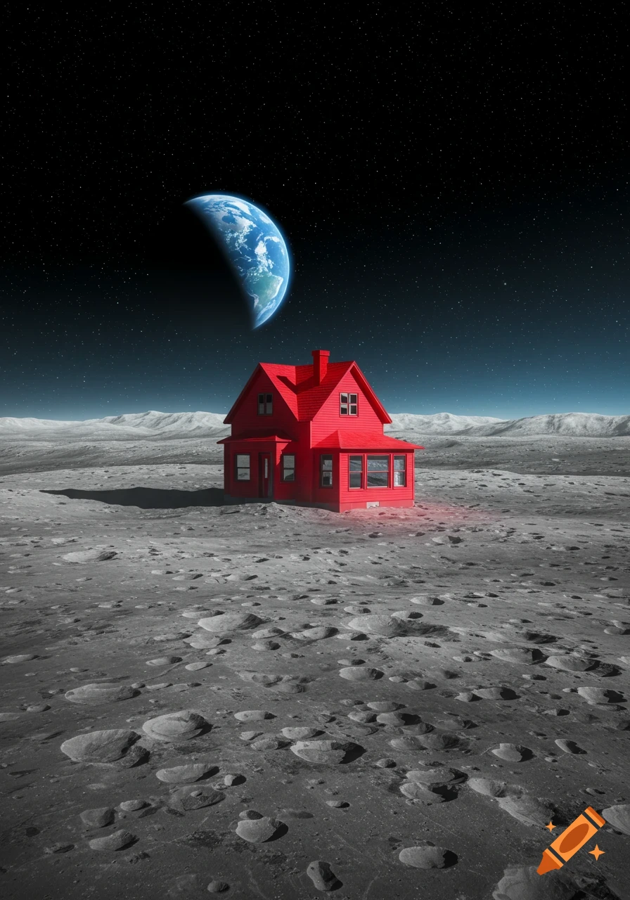 A vibrant red house stands on the cratered surface of the moon under a starry sky, with Earth partially visible.